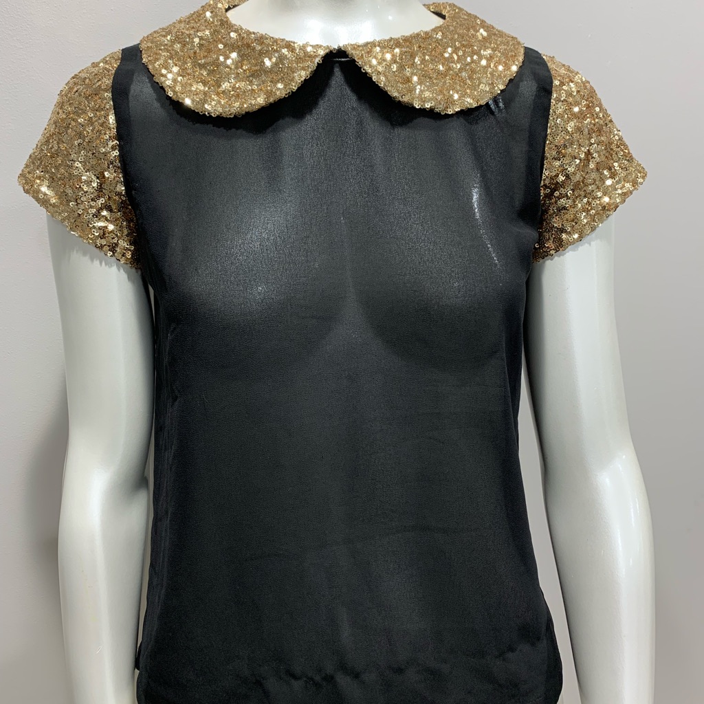 Black See Through Top With Gold Sequin Collar And Sleeves